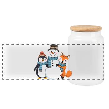 Winter Friends - Penguin, Snowman and Fox - Panoramic Cookie Jar with Wooden Lid - white - Front