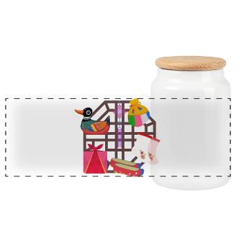 Korean Tradition – Mandarin Duck & Symbols - Panoramic Cookie Jar with Wooden Lid - white - Front