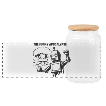 The funny apocalypse with retro robot - Panoramic Cookie Jar with Wooden Lid - white - Front