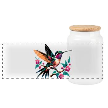 Vibrant Hummingbird on Blooming Branch - Panoramic Cookie Jar with Wooden Lid - white - Front