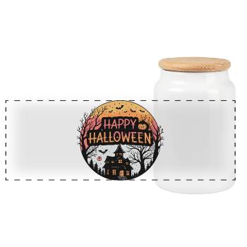 Halloween Haunted Circular Yellow Orange - Panoramic Cookie Jar with Wooden Lid - white - Front