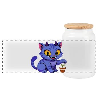 Blue cat leprechaun with plant - Panoramic Cookie Jar with Wooden Lid - white - Front