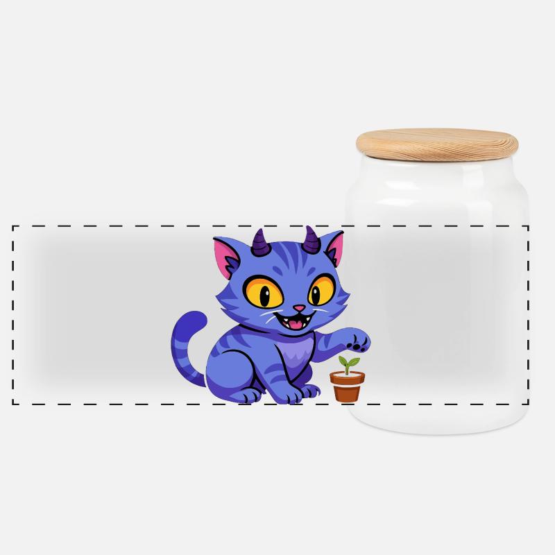 Blauer Katzenkobold mit Pflanze - Panorama Keksdose mit Holzdeckel - Weiß