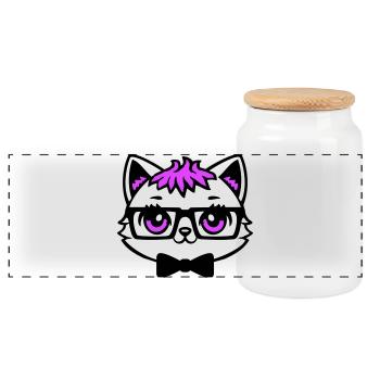 Cat Nerd Nerd Glasses Bow Tie Pink Hair Geek - Panoramic Cookie Jar with Wooden Lid - white - Front