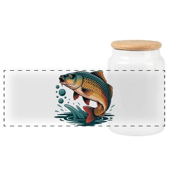Jumping Carp - Panoramic Cookie Jar with Wooden Lid - white - Front