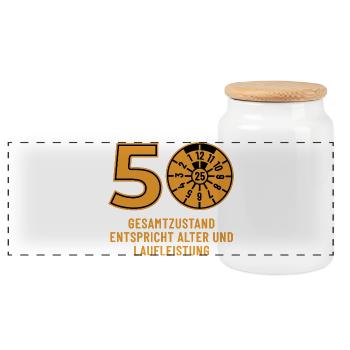 HU Dezember 2025 - 50 Jahre - Geburtstag Geschenk - Panorama Keksdose mit Holzdeckel - Weiß - Vorne