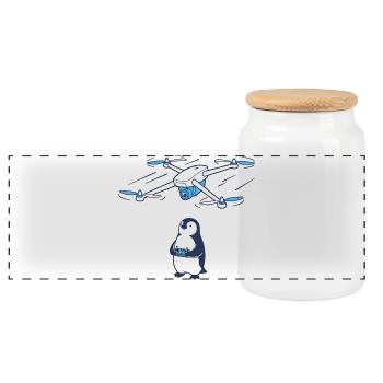 Drohne und Pinguin - Panorama Keksdose mit Holzdeckel - Weiß - Vorne