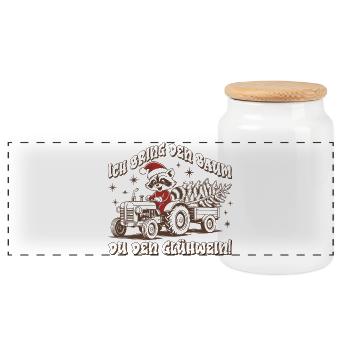 J’apporte l’arbre – Tracteur de Noël amusant - Boîte à biscuits avec couvercle en bois - blanc - Devant