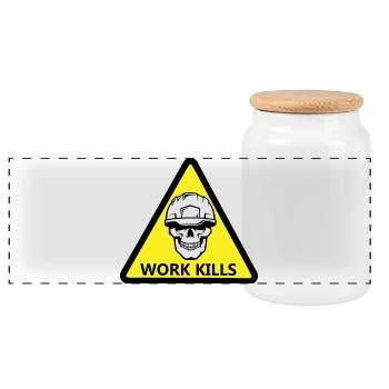 Danger Work, Kill Schild mit behelmtem Totenkopf - Panorama Keksdose mit Holzdeckel - Weiß - Vorne