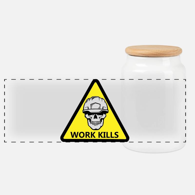 Danger Work, Kill Schild mit behelmtem Totenkopf - Panorama Keksdose mit Holzdeckel - Weiß