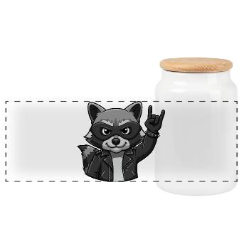 Rocker Raccoon with Rock On Gesture - Panoramic Cookie Jar with Wooden Lid - white - Front