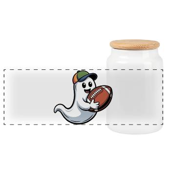 Little ghost with football and baseball cap - Panoramic Cookie Jar with Wooden Lid - white - Front