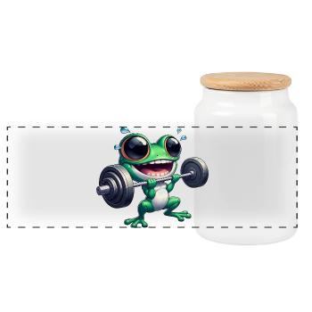Frog Fitness Dumbbell Workout Bodybuilding Gym - Panoramic Cookie Jar with Wooden Lid - white - Front
