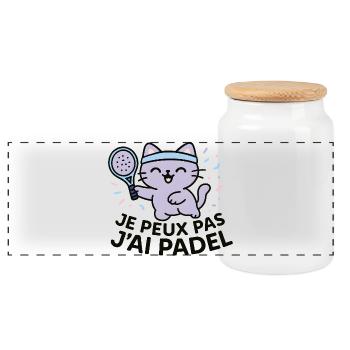 Laughing Padel Cat with Blue Headband - Panoramic Cookie Jar with Wooden Lid - white - Front