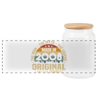 Vintage 2008 Born Original Birthday Gift - Panoramic Cookie Jar with Wooden Lid - white - Front