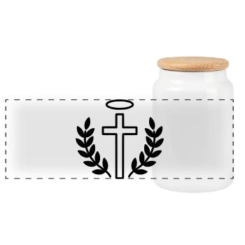 Christliches Kreuz mit Heiligenschein & Lorbeer - Panorama Keksdose mit Holzdeckel - Weiß - Vorne