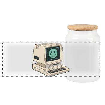 Retro-Smiley-Gesicht auf Vintage-Computer - Panorama Keksdose mit Holzdeckel - Weiß - Vorne