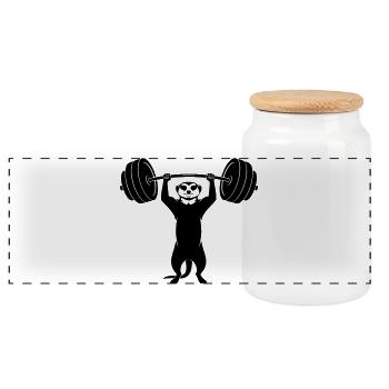 Strong meerkat with dumbbell - Panoramic Cookie Jar with Wooden Lid - white - Front
