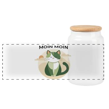 Moin moin - Katze mit Norddeutscher Begrüßung - Panorama Keksdose mit Holzdeckel - Weiß - Vorne