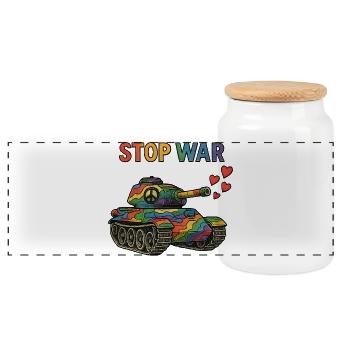 Regenbogen Panzer mit Peace-Zeichen – STOP WAR - Panorama Keksdose mit Holzdeckel - Weiß - Vorne