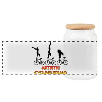 Cyclist Squad Acrobatic Stunt Riders Team Art Fun - Panoramic Cookie Jar with Wooden Lid - white - Front