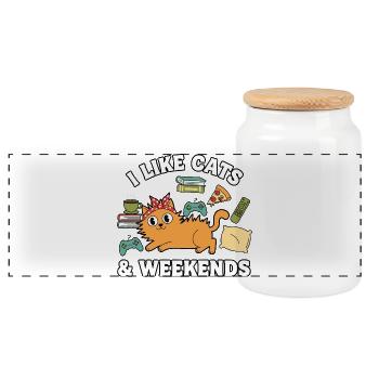I like cats and weekends chill out cat - Panoramic Cookie Jar with Wooden Lid - white - Front