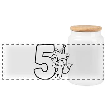 Party Fox with Number 5 Cartoon Illustration - Panoramic Cookie Jar with Wooden Lid - white - Front