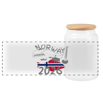 Norwegen 2026 Heilbutt mit Bergen und Elch Angeln - Panorama Keksdose mit Holzdeckel - Weiß - Vorne