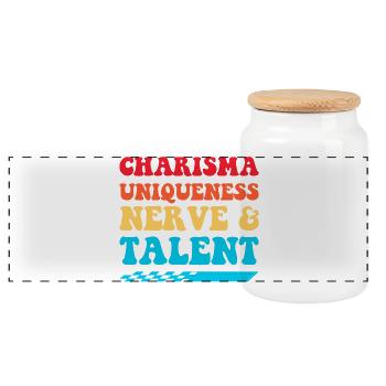 Charisma, Einzigartigkeit, Nerven & Talent - Panorama Keksdose mit Holzdeckel - Weiß - Vorne