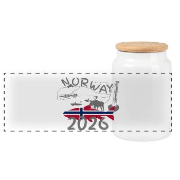 Norwegen 2026 Lachs mit Bergen und Elch Angeln - Panorama Keksdose mit Holzdeckel - Weiß - Vorne