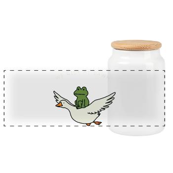 Dawn Ride Frog on Duck - Panoramic Cookie Jar with Wooden Lid - white - Front