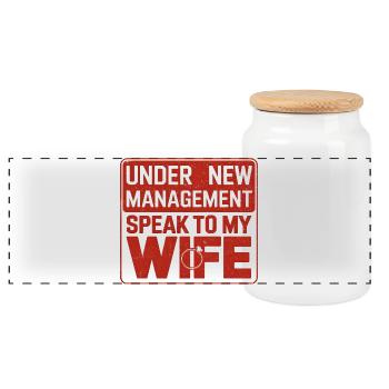 Under new management saying wife wedding - Panoramic Cookie Jar with Wooden Lid - white - Front