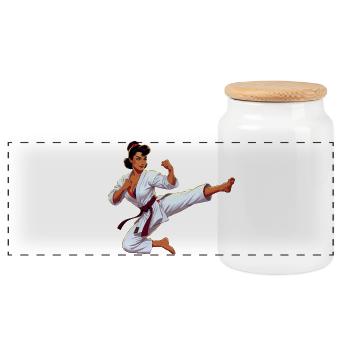 Karateka Pin-up Gi-Kick - Panorama Keksdose mit Holzdeckel - Weiß - Vorne