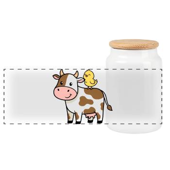 Cute Cow with Bird Friendship - Panoramic Cookie Jar with Wooden Lid - white - Front