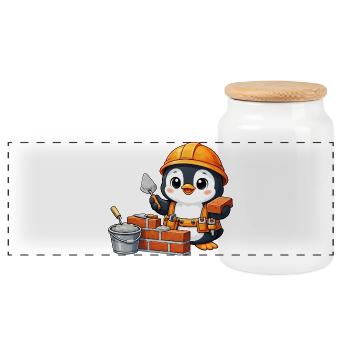 Cute Penguin Mason Construction Worker Construction Site Handwer - Panoramic Cookie Jar with Wooden Lid - white - Front