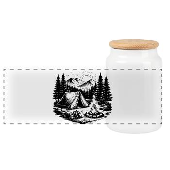 Camping Tent Forest Outdoor - Panoramic Cookie Jar with Wooden Lid - white - Front