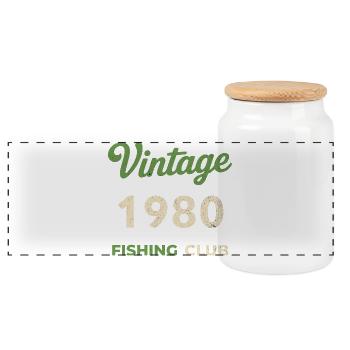 Vintage 1980 – Fishing Club Retro Birth Year - Panoramic Cookie Jar with Wooden Lid - white - Front