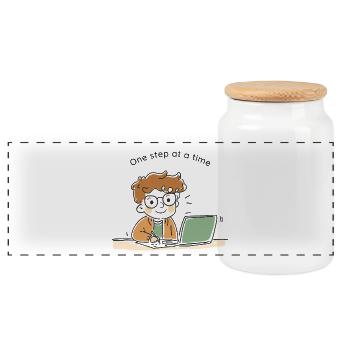 Une étape à la fois – Personnage mignon dessiné à la main - Boîte à biscuits avec couvercle en bois - blanc - Devant
