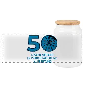 HU Januar 2026 - 50 Jahre - Geburtstag Geschenk - Panorama Keksdose mit Holzdeckel - Weiß - Vorne