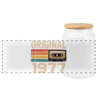 Original 1977 Vintage 1977 Retro Anniversary - Panoramic Cookie Jar with Wooden Lid - white - Front