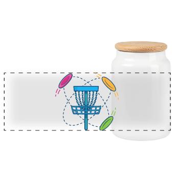 Disc Golf Basket and Flying Discs Scene - Panoramic Cookie Jar with Wooden Lid - white - Front