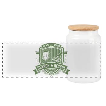 No Disc Left Behind Search And Rescue Disc Golf - Panoramic Cookie Jar with Wooden Lid - white - Front