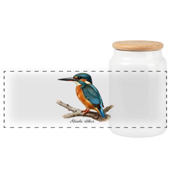 Colorful Kingfisher on Branch - Panoramic Cookie Jar with Wooden Lid - white - Front