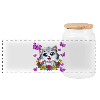Un baiser de chat dans une couronne florale - Boîte à biscuits avec couvercle en bois - blanc - Devant