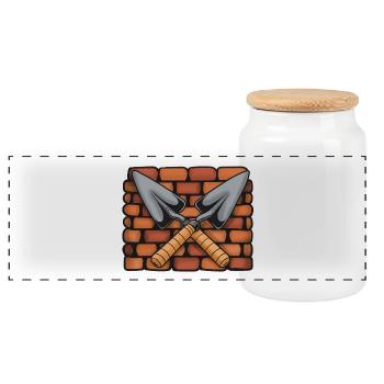 Mason's symbol: Crossed trowels in front of brick wall - Panoramic Cookie Jar with Wooden Lid - white - Front
