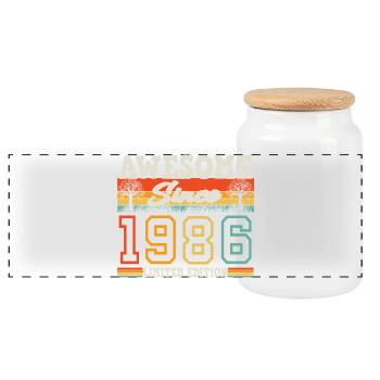 1986 Vintage Born 40th Birthday Gift - Panoramic Cookie Jar with Wooden Lid - white - Front