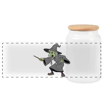 Witch With Wooden Twig Wand  - Panoramic Cookie Jar with Wooden Lid - white - Front