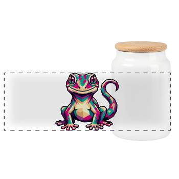 Bunter geometrischer Gecko - Panorama Keksdose mit Holzdeckel - Weiß - Vorne