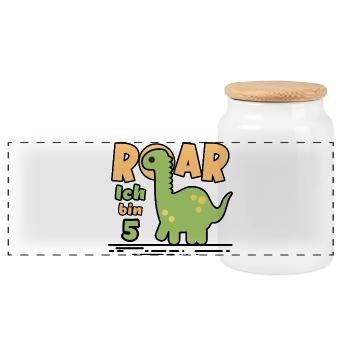 Dinosaure du cinquième anniversaire - Boîte à biscuits avec couvercle en bois - blanc - Devant