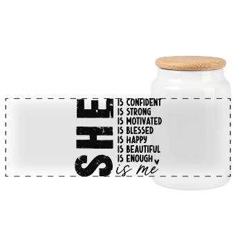 SHE Motivational Shirt for Strong Women - Panoramic Cookie Jar with Wooden Lid - white - Front